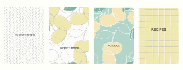 Cover page vector templates for recipe books based on seamless patterns with hand drawn fruits, vegetables, kitchen utensils Healthy fruit, vegan food concept