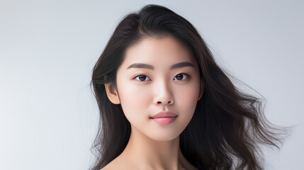 Naklejka premium Portrait of a beautiful, sexy, smiling Asian woman with perfect skin, white background, banner.
