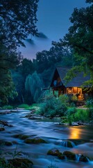 Fototapeta premium A house in the middle of a forest next to a river