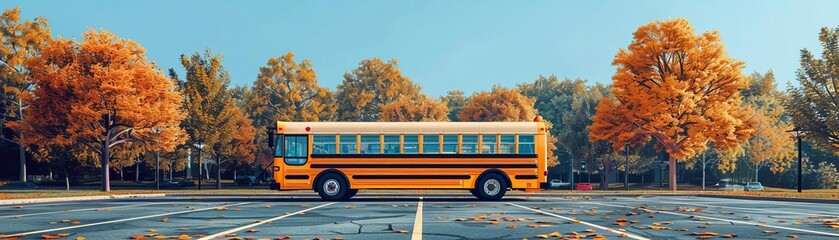 Obraz premium Flat design of a school bus in a parking lot, with lined spaces, trees, and a clear sky above
