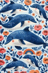 Obraz premium Cute Dolphins and Flowers Seamless Pattern