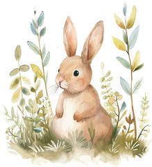 Rabbit In Woods Watercolor Vector Illustration.