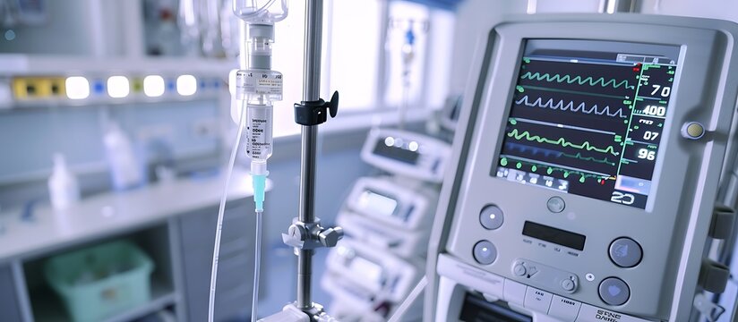 A detailed shot of a smart infusion pump administering medication accurately and safely in a hospital room.