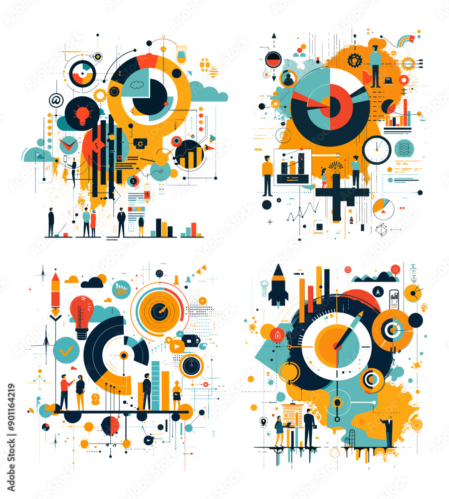 Poster Business analytics concept cartoon vector illustrations. Data visualization charts graphs technology people innovation infographic statistics digital information metrics isolated on white background