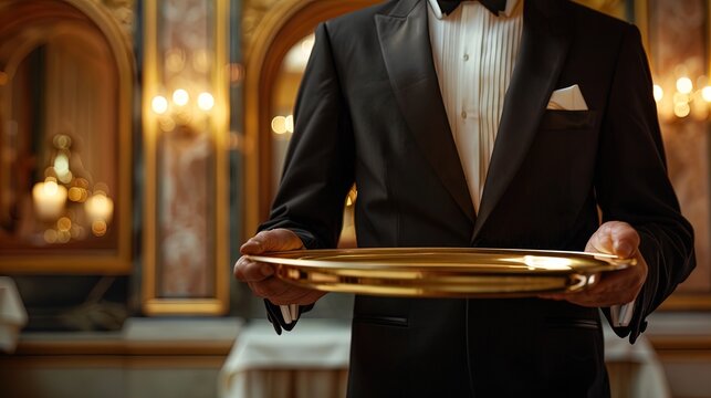 Butler in Black Tuxedo Holding Golden Tray for Luxurious Event Service