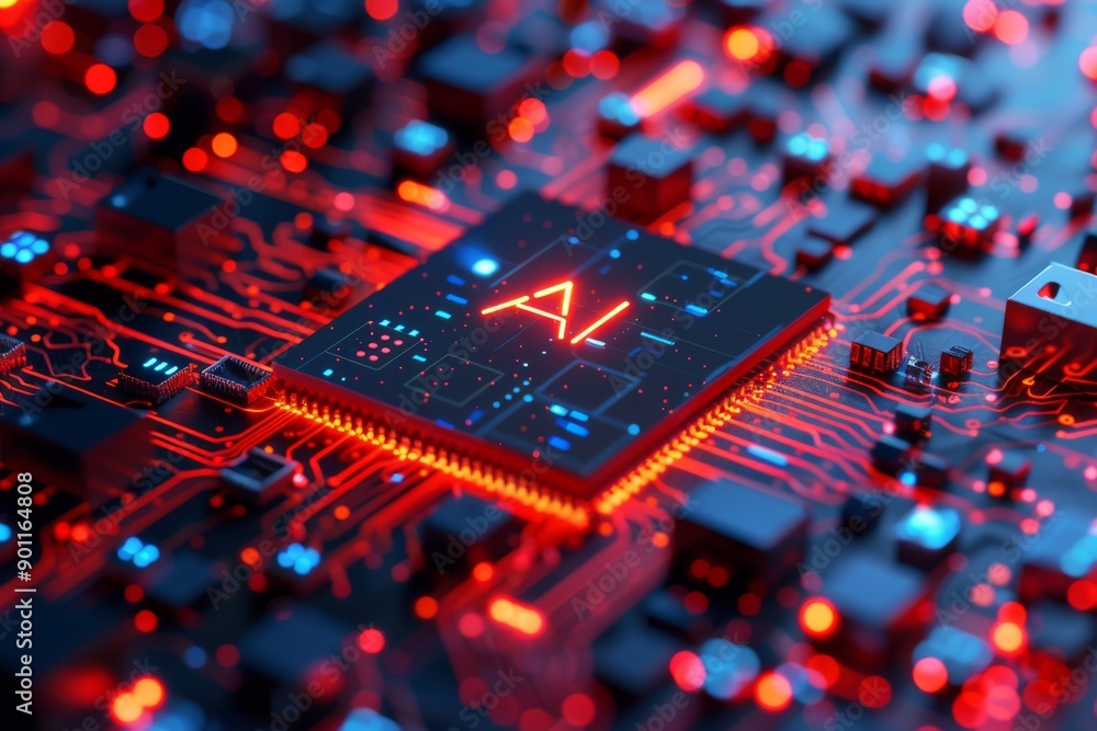 Aufkleber close up of a red ai microchip glowing on a circuit board symbolizing the integration of artificial 