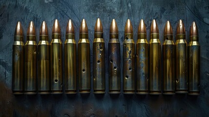 A row of bullets lined up against a dark blue background