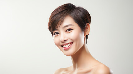 Portrait of a beautiful, sexy, smiling Asian woman with short hair, with perfect skin, gray background, banner.