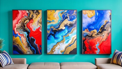 Set of Three Abstract Marbled Ink Wall Art Panels - Blue and Gold Colors