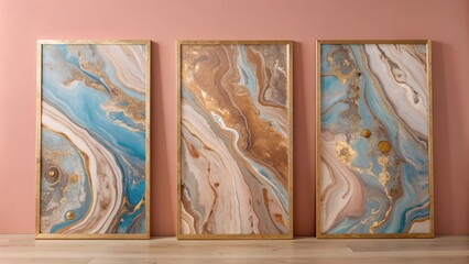 Fototapeta premium Set of Three Abstract Marbled Ink Wall Art Panels - Blue and Gold Colors