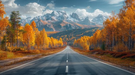 Fototapeta premium road leading into the distance, surrounded by mountains and forests on both sides