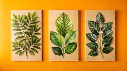 Set of Three Vintage Style Foliage Wall Art Templates - Hand Drawn Leaves with Green Watercolor Texture and Line Art for Botanical Posters, Interior Decoration, and Banners