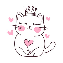 Cute Love Pet Cat Cartoon Character Sleeping Wearing Crown Vector Illustration