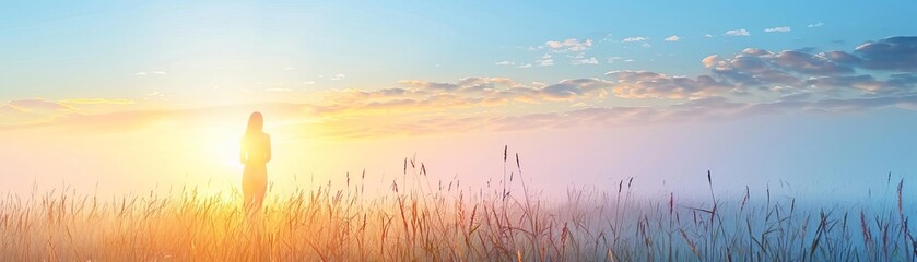 Woman in a meadow at dawn, Natural beauty, Soft and serene beginnings