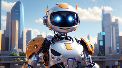 Fototapeta premium friendly 3D robot with glowing eyes standing in front of a futuristic cityscape.
