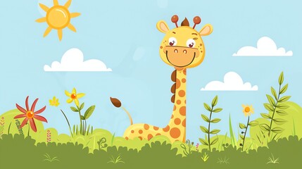 A cartoon giraffe in a field of flowers.