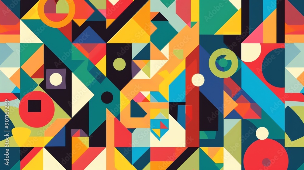 Poster a colorful abstract pattern made from squares, circles and triangles.