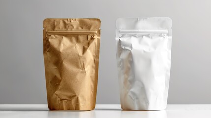 Eco-Friendly Packaging Options: Brown Kraft Paper and White Standing Pouches for Modern Branding on Minimalist Background