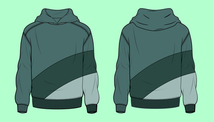 Mens and older boys colour block terry fleece hoodie with kangaroo pocket flat sketch outline vector fashion illustration template. © MdAbir