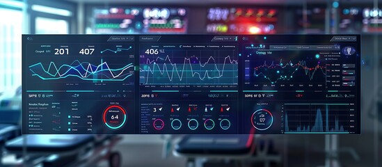 A detailed view of a digital patient safety dashboard in a hospital control room, monitoring health metrics and safety alerts.