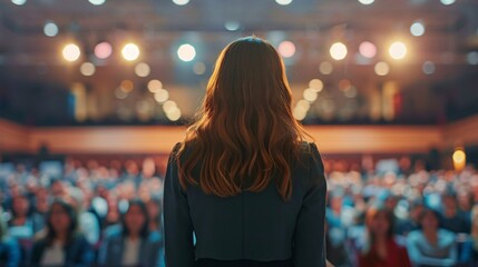 Unidentified female speaker presenting at a professional convention focused on commerce and innovation.
