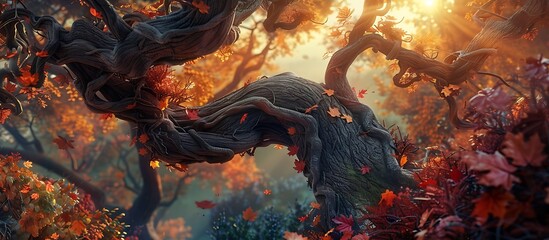 A gnarled tree branch, twisted and aged, emerging from a thick forest canopy, adorned with colorful autumn leaves and a backdrop of a setting sun.