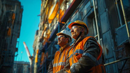 Obraz premium Manufactory Teamwork Two Male Engineers in Safety Helmets
