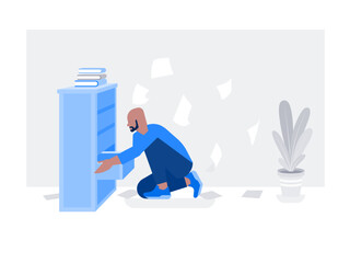 Man looking for something in bookcase