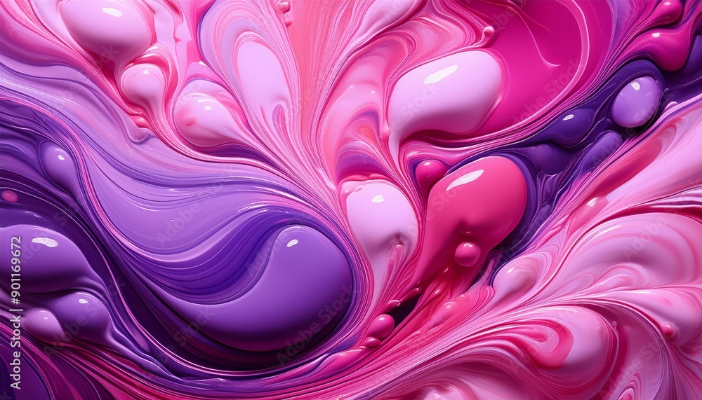 Poster a close-up of swirling pink and purple acrylic paint, creating an abstract background with fluid sha