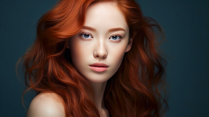 Fototapeta premium Portrait of a beautiful, sexy, smiling Asian woman with long red hair and perfect skin, dark blue background, banner.