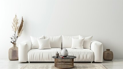 A minimalist living room with a white sectional sofa, a round coffee table, and a large window.