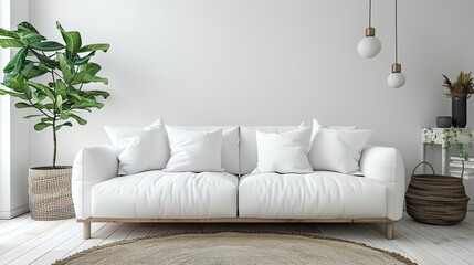 A minimalist living room with a white sectional sofa, a round coffee table, and a large window.
