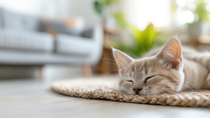 American Shorthair lounging on plush rug in bright room with modern furniture and lots of sunlight.