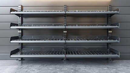 3D illustration of retail shelves with attachments on a blank backdrop.