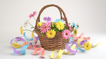 Basket with Bright Flowers and Multicolored Satin Ribbons on White Background: Cinematic 8K Realistic 3D Display