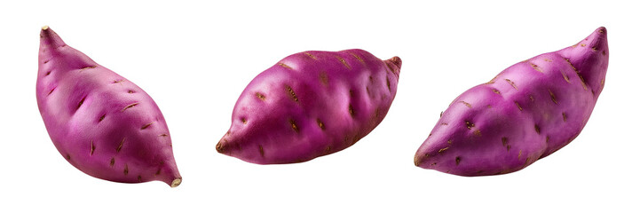 Fresh Purple Sweet Potatoes Isolated on Transparent Background, Three Whole Tubers in a Row, Healthy Organic Vegetables