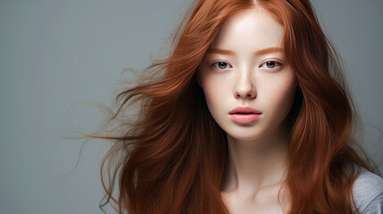 Fototapeta premium Portrait of a beautiful, sexy, smiling Asian woman with long red hair and perfect skin, gray background, banner.