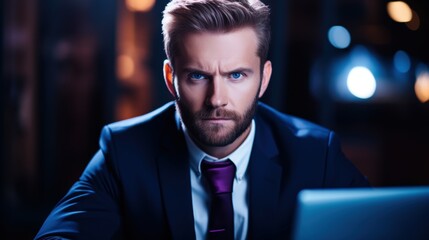 Fototapeta premium Serious businessman with beard looking at camera