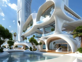 Fototapeta premium Modern office building from futuristic city design concept with canal nature and big city sky view in summer.