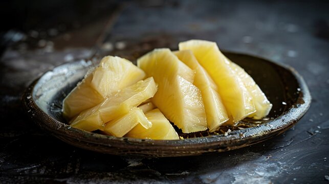 Chunks of steamed starchy fruit arranged on a dish against a deep backdrop.