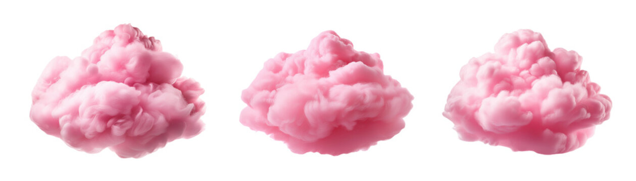 Three Pink Cotton Candy Clouds Isolated on Transparent Background - Fluffy and Dreamy Confectionery Delight