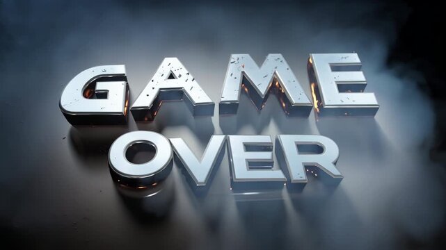 Metallic 3D 'Game Over' Text Animation with Reflective Effects and Smoke