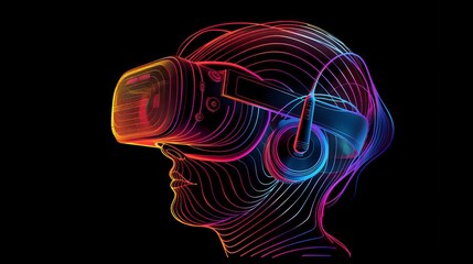 Topographic Vector Lines Outlining a VR Headset in Minimal Art Style with Holographic, Opalescent, Kaleidoscopic, Bioluminescent, Iridescent Colors on Black Background