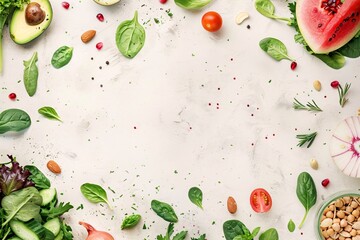 Spinach leaves, tomato, avocado, watermelon on a light background. Banner with space for your text.