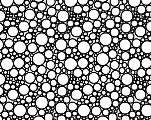 A monochromatic pattern featuring various-sized circles in black and white