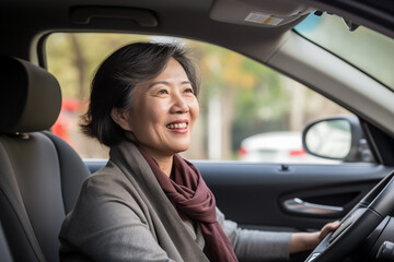 Fototapeta premium Middle aged Chinese woman inside a car and driving