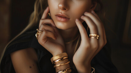 Obraz premium A young woman displays her golden rings on a dark background, showcasing her love for jewelry and fashion