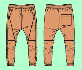 Mens and older boys terry fleece orange colour elasticted jogger flat sketch outline vector fashion illustration template. 