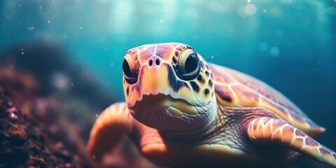 Fototapeta premium Closeup of a colorful sea turtle swimming underwater