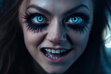 Intense blue-eyed woman with dark makeup